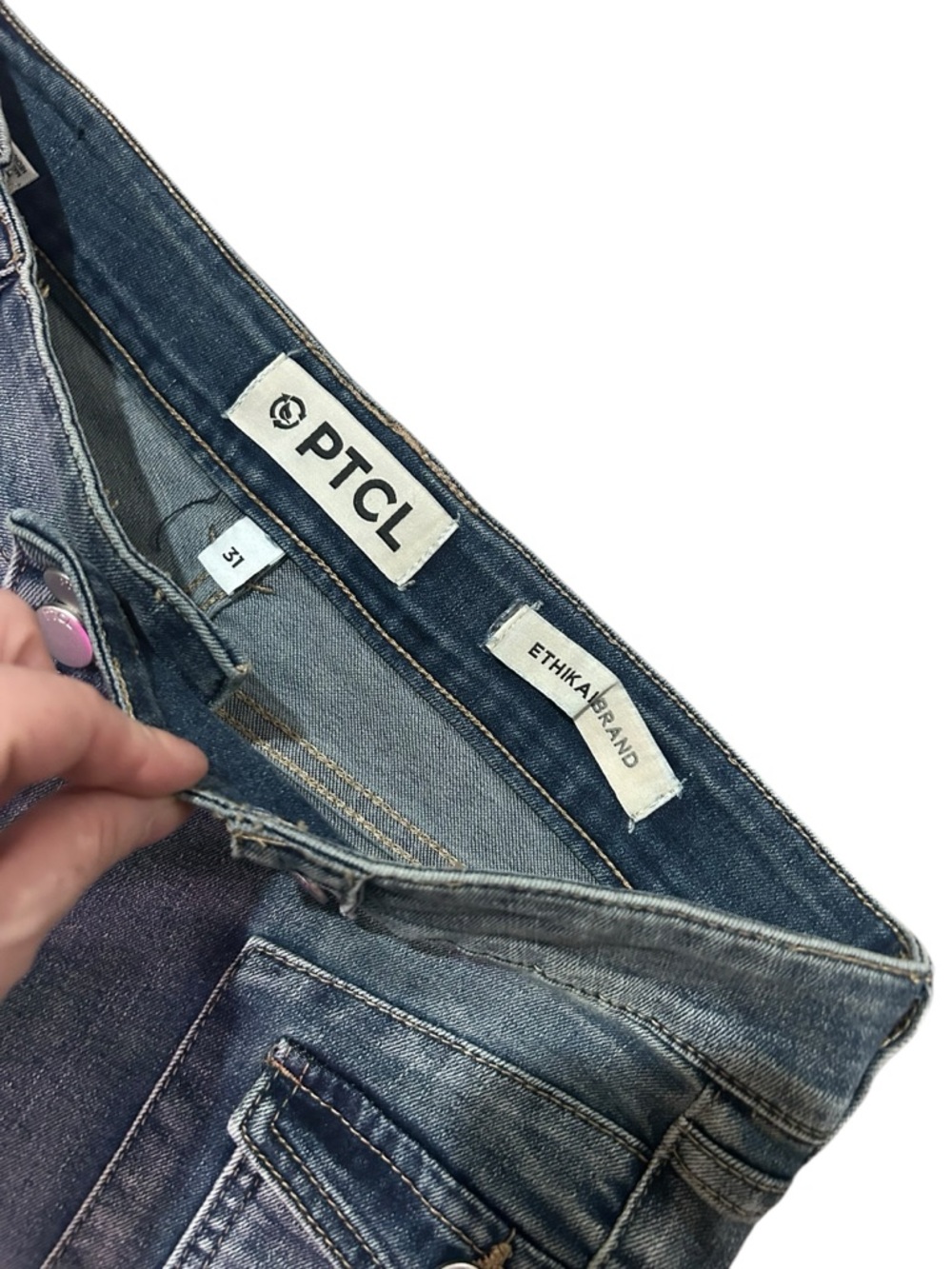 PTCL Ethika Flare Jeans Double Button Mid Rise Stretch Denim Size 31 - Picture 2 of 4